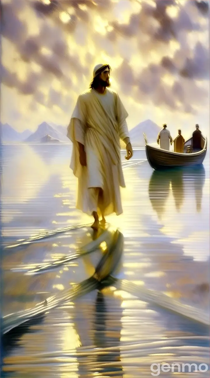 a painting of a man standing in the water with a boat in the background