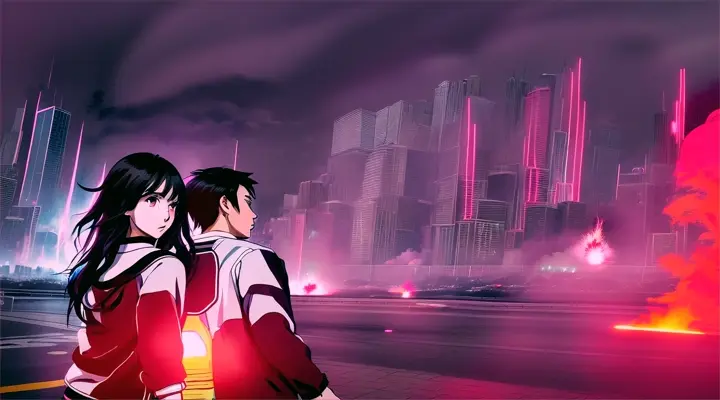 a girl in a white t-shirt and man in a black jacket standing back to back, background - explode city, fire and smoke everywhere, neon lights at night, heavy rain, wide angle, long shot in full height, anime style