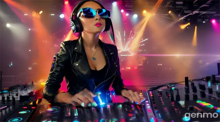 Music concert. Female DJ on stage. Slender woman with larger than usual bust, wearing steampunk sunglasses, standing near DJ mixing console and electric piano in club. Direct laser beams of bright colors against large TV screens.