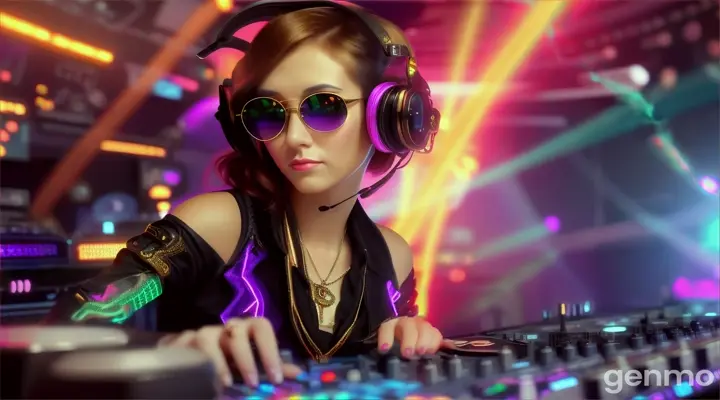 Music concert. Female DJ on stage. Slender woman with larger than usual bust, wearing steampunk sunglasses, standing near DJ mixing console and electric piano in club. Direct laser beams of bright colors against large TV screens.