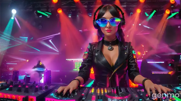 Music concert. Female DJ on stage. Slender woman with larger than usual bust, wearing steampunk sunglasses, standing near DJ mixing console and electric piano in club. Direct laser beams of bright colors against large TV screens.