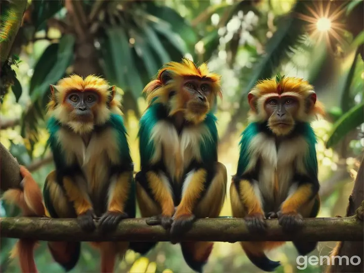 3 tamarin lion doré in tropical foreste playing