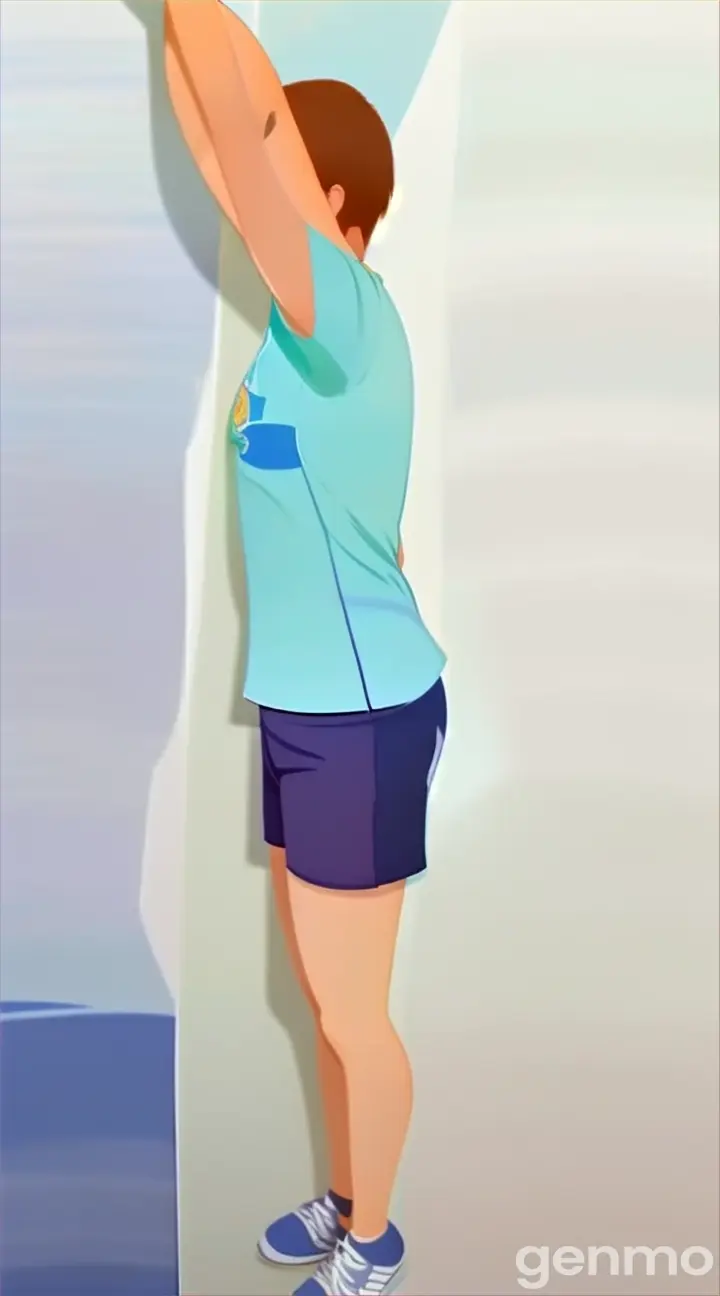 A standing person wearing a cartoonish azure t-shirt and shorts, arms open in gesture, neck and waist surrounded by bright colors and patterns.