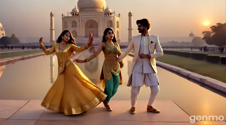 Medium shot of a glamorous Pakistani man and woman in stylish outfits dancing energetically with backup dancers at the iconic Taj Mahal at sunset, with the marble monument glowing in the soft golden light, capturing a glamorous Bollywood vibe.