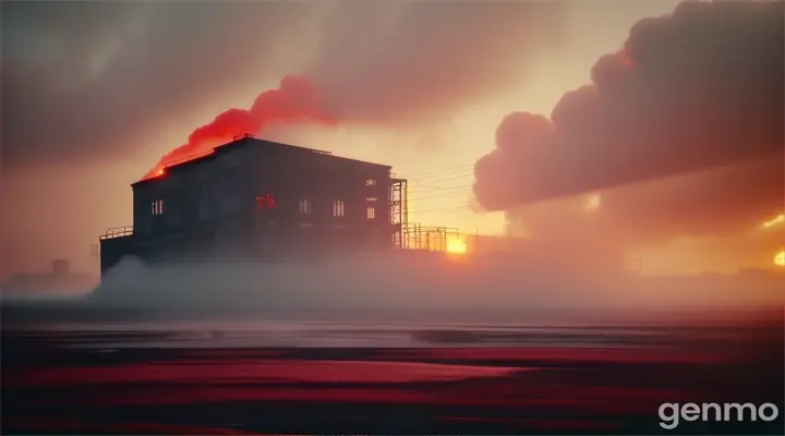 An abandoned factory at dawn, with fog rolling in and a blood red sun on the horizon