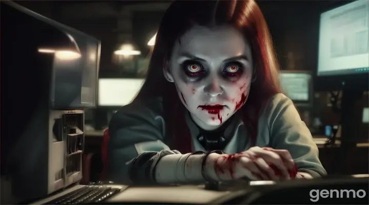 a zombie woman working on a computer