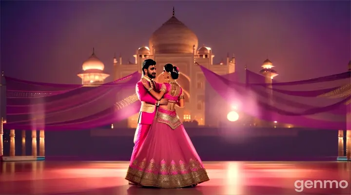 A medium shot of a glamorous Pakistani couple in stylish pink outfits dancing gracefully at the Taj Mahal at night, with a backup group of dancers. Soft moonlight and gentle ambient lights add a romantic Bollywood vibe.