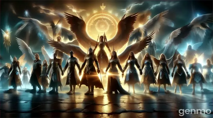 a group of people standing in front of an angel