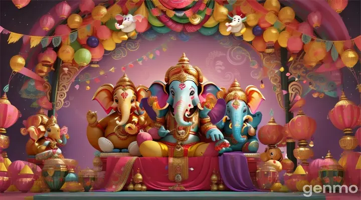 Here's a detailed prompt for creating an image based on the song:

"Create a vibrant, colorful cartoon scene featuring Lord Ganesha with an elephant-like face, sitting happily on his mouse (mooshak) with a joyful expression. Surround him with playful children dancing and clapping to the rhythm of drums and flutes. Ganesha holds a large laddu in one hand, smiling kindly. The background is festive, with bright decorations, streamers, and lanterns hanging around. The children are wearing traditional, colorful Indian clothes, and their faces are full of excitement and happiness. The scene should feel lively, capturing the essence of a joyful celebration, with Ganesha blessing everyone with his outstretched hand. The atmosphere should be full of energy and fun, as if a festival is in full swing."

This prompt can serve as inspiration for a cartoon-style illustration or animation reflecting the cheerful, festive mood of the song.