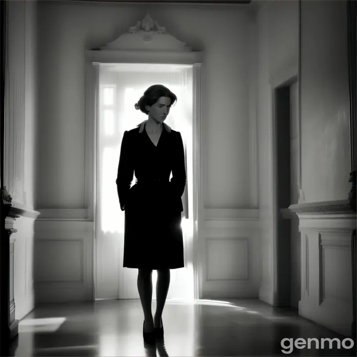 Whiteblack neorealism film of Hedda Gabler into a dark room in very sharp light-shadows