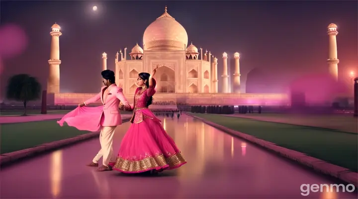 A medium shot of a glamorous young Pakistani man and woman in stylish pink outfits dancing gracefully at the Taj Mahal at night, Soft moonlight and gentle ambient lights add a glamorous Bollywood vibe.