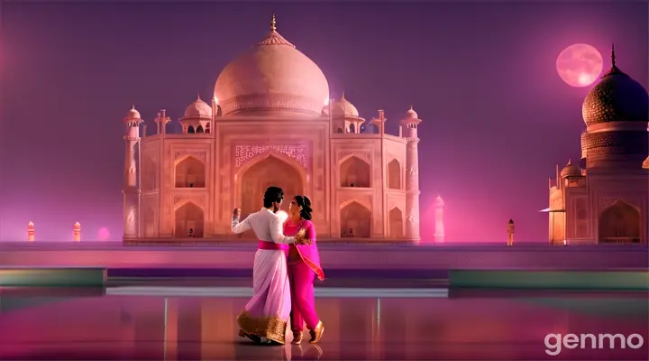 A medium shot of a glamorous young Pakistani man and woman in stylish pink outfits dancing gracefully at the Taj Mahal at night, Soft moonlight and gentle ambient lights add a glamorous Bollywood vibe.