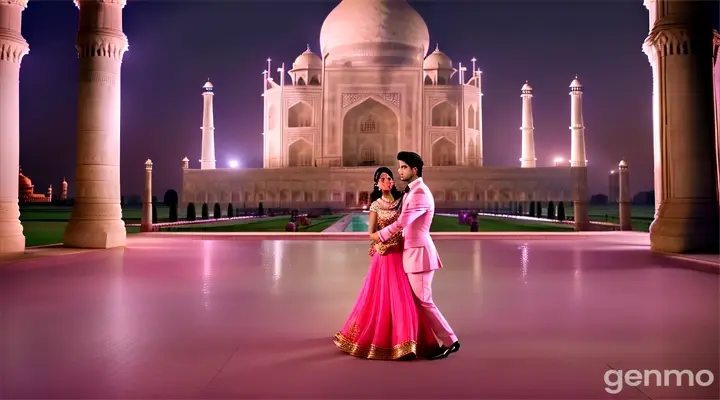 A medium shot of a glamorous young Pakistani man and woman in stylish pink outfits dancing gracefully at the Taj Mahal at night, Soft moonlight and gentle ambient lights add a glamorous Bollywood vibe.