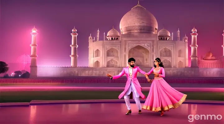 A medium shot of a glamorous young Pakistani man and woman in stylish pink outfits dancing gracefully at the Taj Mahal at night, Soft moonlight and gentle ambient lights add a glamorous Bollywood vibe.