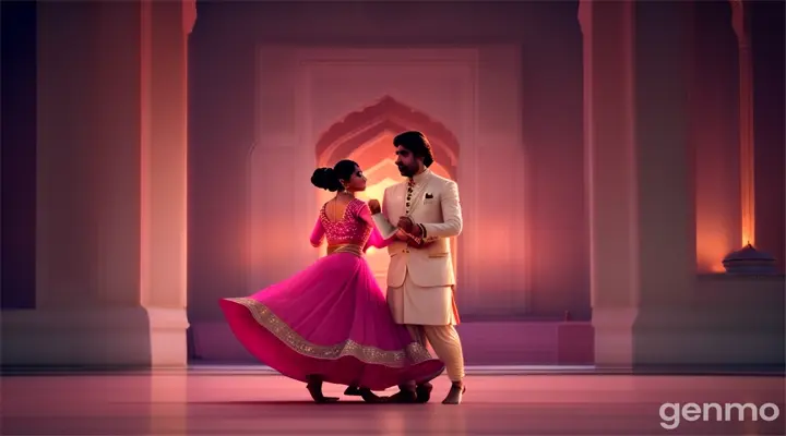 A medium shot of a glamorous young Pakistani man and woman in stylish pink outfits dancing gracefully at the Taj Mahal at night, Soft moonlight and gentle ambient lights add a glamorous Bollywood vibe.