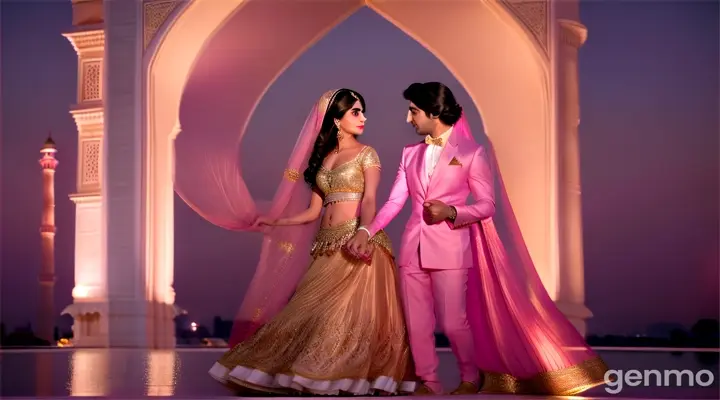 A medium shot of a glamorous young Pakistani man and woman in stylish pink outfits dancing gracefully at the Taj Mahal at night, Soft moonlight and gentle ambient lights add a glamorous Bollywood vibe.