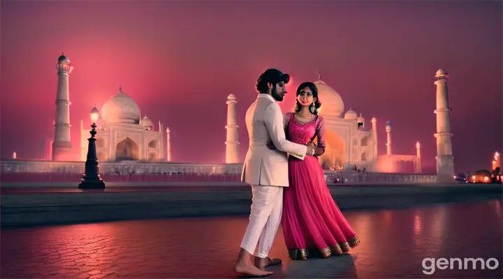 A medium shot of a glamorous young Pakistani man and woman in stylish pink outfits dancing gracefully at the Taj Mahal at night, Soft moonlight and gentle ambient lights add a glamorous Bollywood vibe.