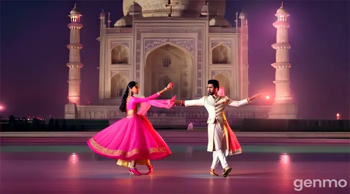 A medium shot of a glamorous young Pakistani man and woman in stylish pink outfits dancing gracefully at the Taj Mahal at night, Soft moonlight and gentle ambient lights add a glamorous Bollywood vibe.