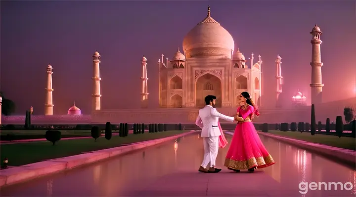 A medium shot of a glamorous young Pakistani man and woman in stylish pink outfits dancing gracefully at the Taj Mahal at night, Soft moonlight and gentle ambient lights add a glamorous Bollywood vibe.