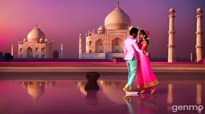 A medium shot of a glamorous young Pakistani man and woman in stylish pink outfits dancing gracefully at the Taj Mahal at night, Soft moonlight and gentle ambient lights add a glamorous Bollywood vibe.