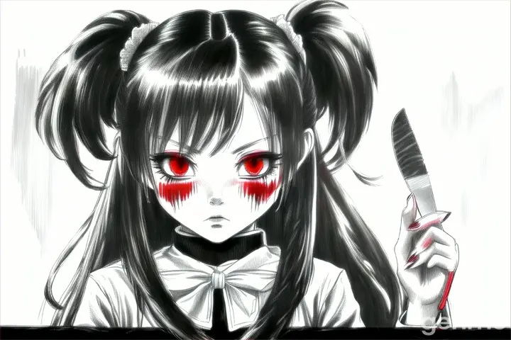 a drawing of a girl with red eyes holding a knife