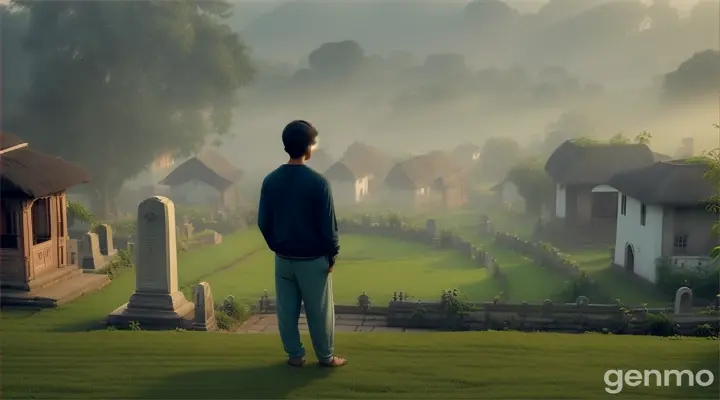 A quiet rural village in India with small houses, a distant view of an overgrown, eerie graveyard covered in mist, and villagers whispering about it. A brave-looking young man standing confidently, wearing casual clothes, with a skeptical expression as others around him discuss ghost stories.