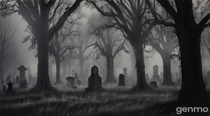 A graveyard at night, bathed in dim moonlight, with old gravestones, swaying trees, and mist hovering over the ground.