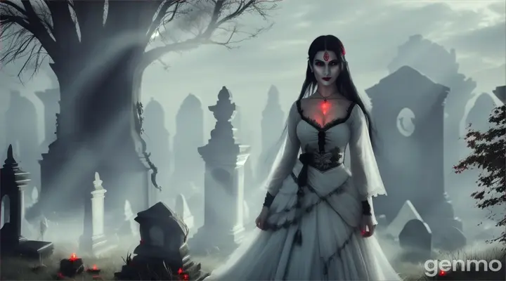 A horrifying witch in white sarees, with red glowing eyes and wild black hair, floating slightly above the ground, glaring at Ravi. A ghostly white silhouette standing between old, crumbling gravestones, barely visible through the mist, with an eerie glow around it.