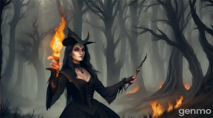 The witch, pointing her bony finger at Ravi, with a threatening expression, and a dark, foggy background behind her. Ravi, standing straight with a torch in hand, looking at the witch with determination, trying to hide his fear.