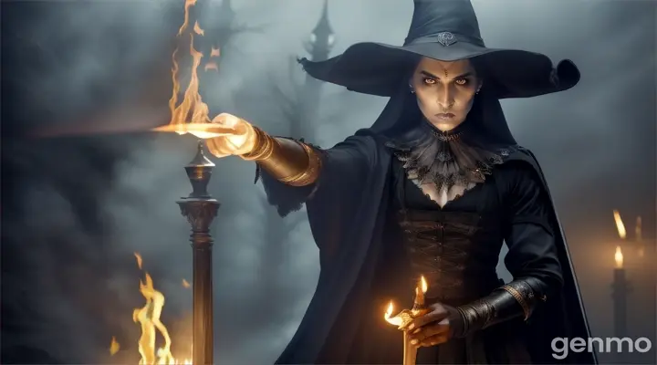 The witch, pointing her bony finger at Ravi, with a threatening expression, and a dark, foggy background behind her. Ravi, standing straight with a torch in hand, looking at the witch with determination, trying to hide his fear.