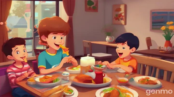 create cartoon style video, One young eating food at his home with his family