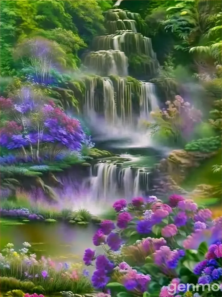 a painting of a waterfall and flowers in the foreground