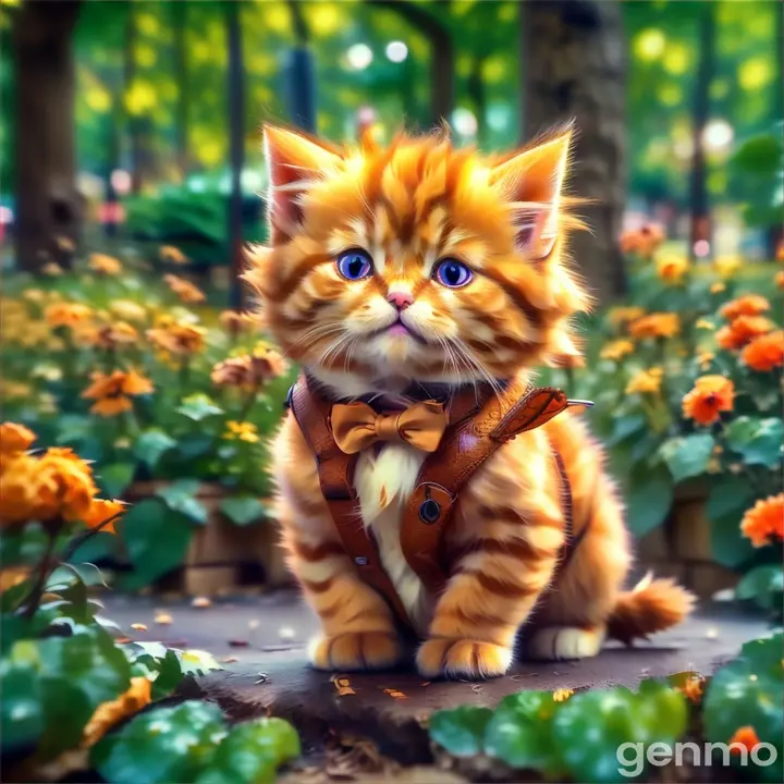 a small orange kitten wearing a brown bow tie