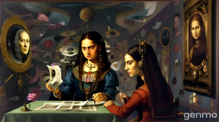 the garden of earthly delights by Hieronymus Bosch and Mona Lisa Joconda is telephoning in an old telephone  with a Gramophone on a table and a sewing machine and Frida Kahlo is reading a newspaper looking Guernica by Pablo Picasso on reflecting mirrors black room