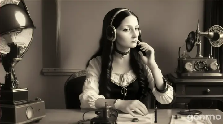 the garden of eartMona Lisa Joconda is telephoning in an old telephone  with a Gramophone on a table and a sewing machine 