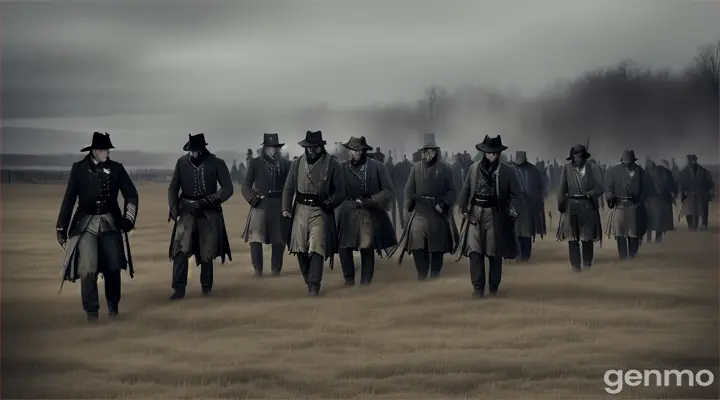 In a chilling, atmospheric scene set in 1863, a horde of Confederate Civil War soldiers, now zombified, shamble forward with a slow, deliberate pace. Their tattered gray uniforms, bloody and decomposing, hang loosely on their undead frames. The horror is palpable as their lifeless eyes and grotesque, rotting flesh are highlighted by the dim light of a setting sun, casting long, ominous shadows across the war-torn battlefield. The zombies' advance is accompanied by the eerie silence of the grave, punctuated only by the occasional groan and the rustle of their decayed garments.