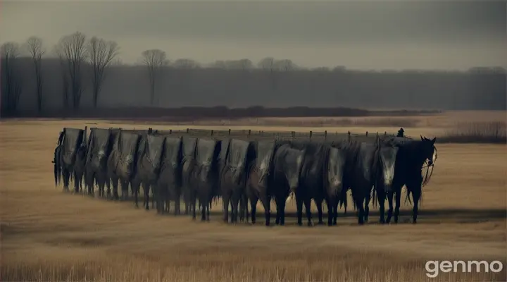 In a chilling, atmospheric scene set in 1863, a horde of Confederate Civil War soldiers, now zombified, shamble forward with a slow, deliberate pace. Their tattered gray uniforms, bloody and decomposing, hang loosely on their undead frames. The horror is palpable as their lifeless eyes and grotesque, rotting flesh are highlighted by the dim light of a setting sun, casting long, ominous shadows across the war-torn battlefield. The zombies' advance is accompanied by the eerie silence of the grave, punctuated only by the occasional groan and the rustle of their decayed garments.