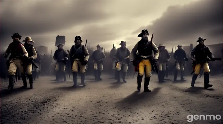  a horde of Confederate Civil War soldiers, now zombified, shamble forward with a slow, deliberate pace. 