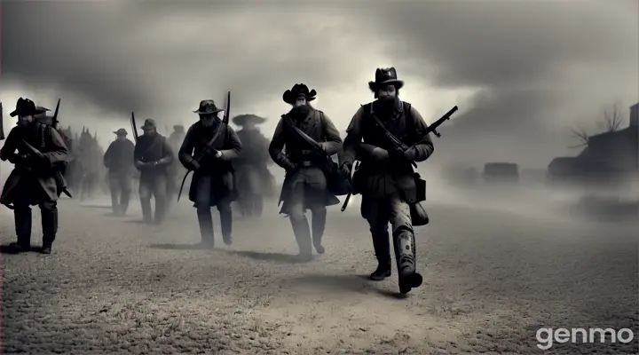  a horde of Confederate Civil War soldiers, now zombified, shamble forward with a slow, deliberate pace. 