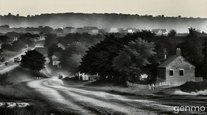 a black and white photo of a dirt road no vehicles