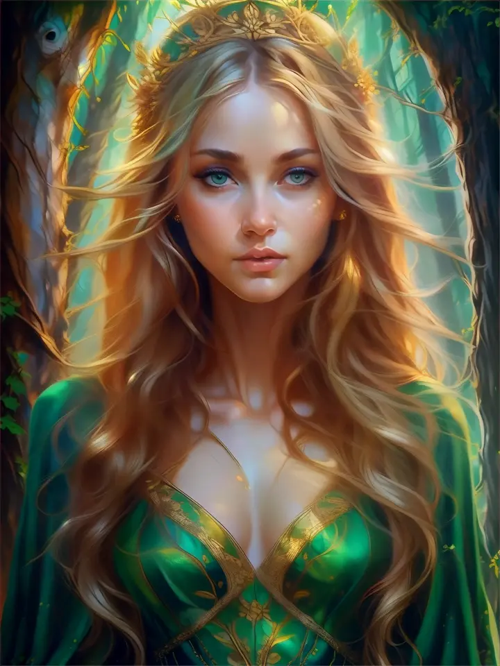 a painting of a woman in a green dress