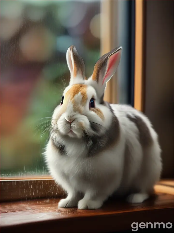 A beautiful rabbits in hut rainy background 