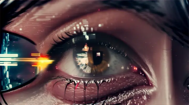 very close up of a girl's eye, background - explode city, fire and smoke everywhere, neon lights at night, heavy rain, wide angle, long shot in full height, anime style