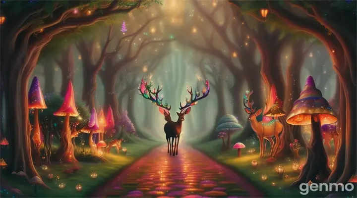 Deer leads you through a mystical garden of iridescent mushrooms, surrounded by a soft glow, and tiny sparkling lights