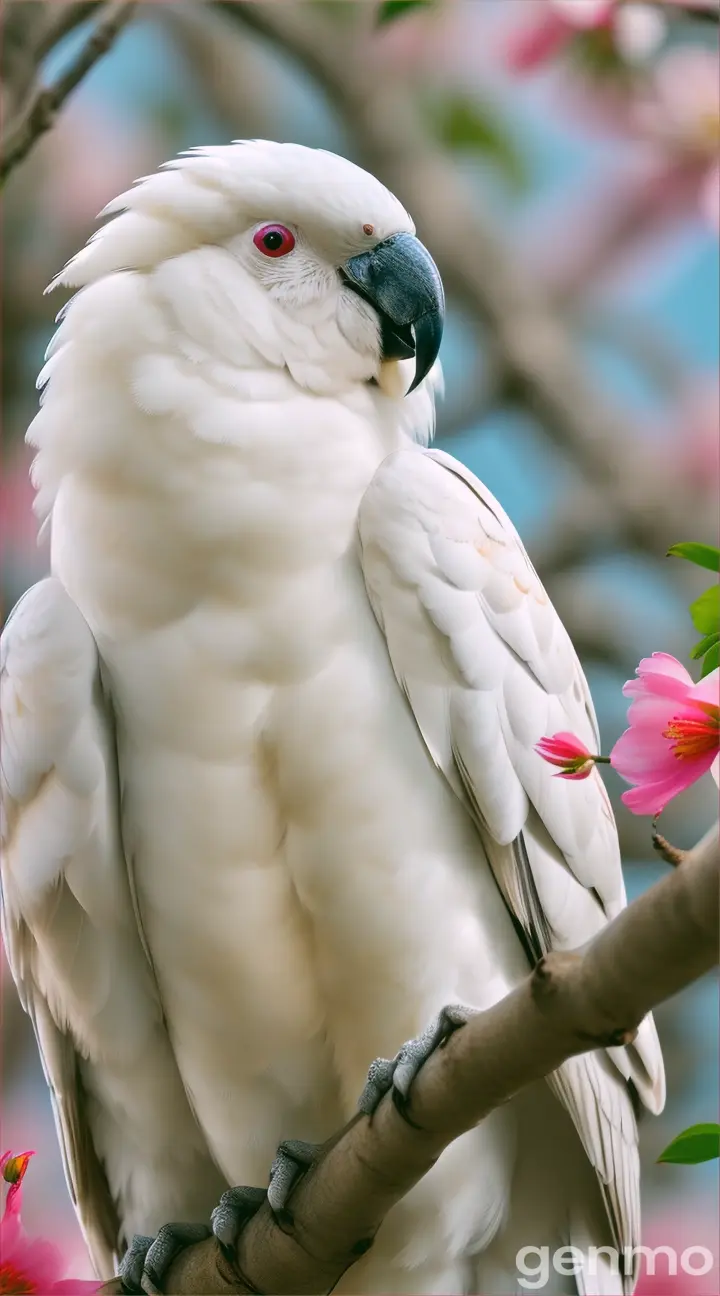 A cockatoo with its three little babies on a flowery branch 