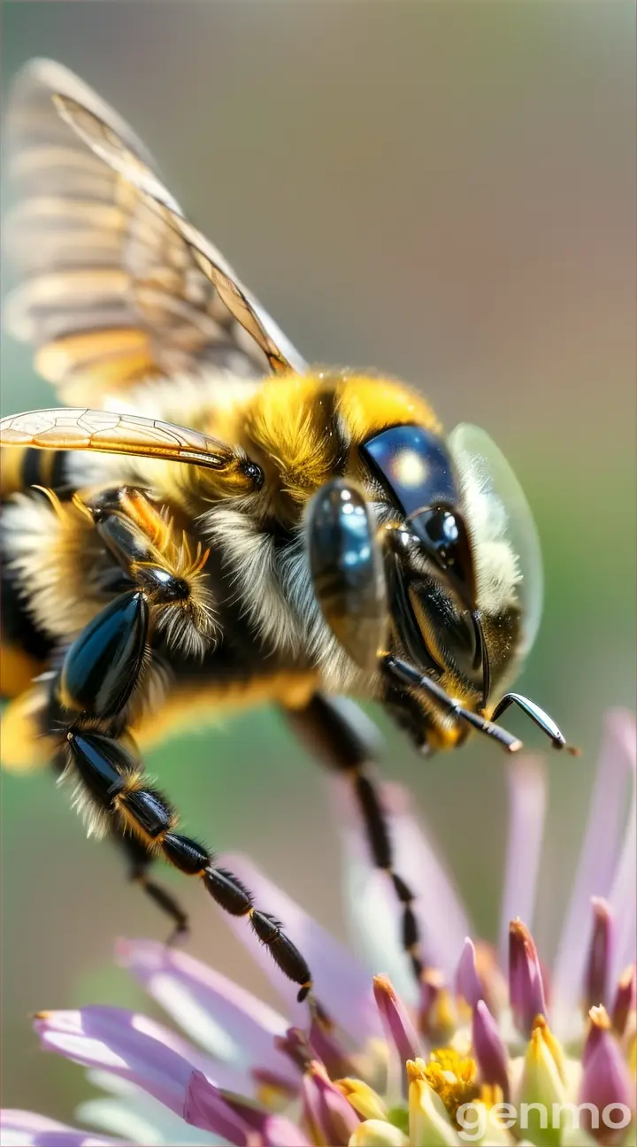 A bee flying towards the camera, zooming in on its face