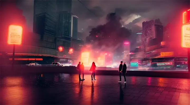 a guy in black and a girl in white t-shirt break up, drama, background - explode city, fire and smoke everywhere, neon lights at night, heavy rain, wide angle, long shot in full height, anime style