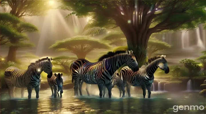 A family of Zebras drinking and looking up, in a mystical oasis where the waterfall is surrounded by blooming trees and fireflies