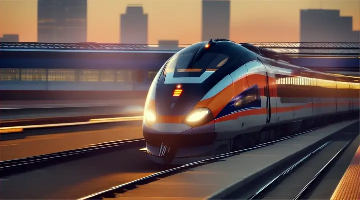 High speed train in motion on the railway station at sunset. Fast moving modern passenger train on railway platform. Commercial transportation.	