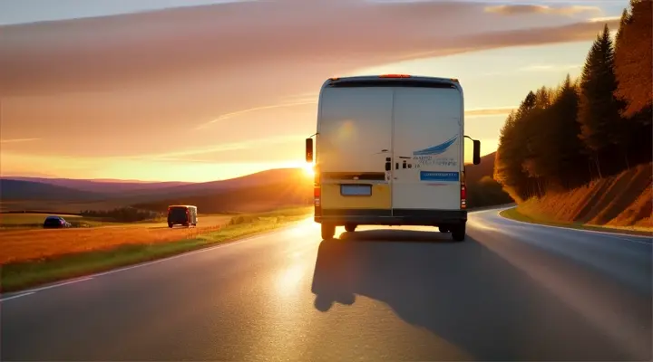 Transport van on the road delivering goods against sunset blue sky background. Commercial van is delivering cargo to countryside	